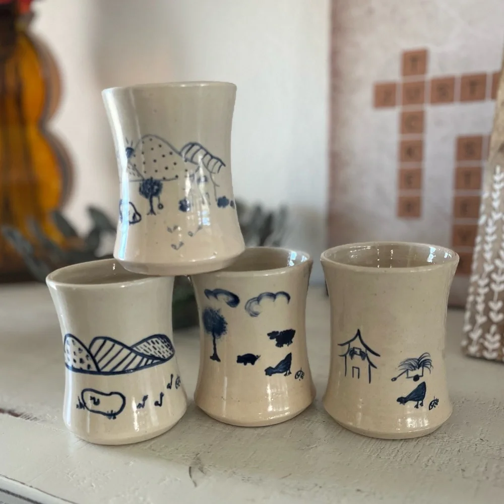Rare Set of 4 Handmade Pottery Cups Mugs Solid Heavy Blue Folk Art Ichthys Symbo